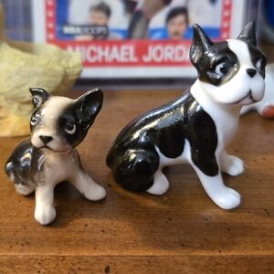 Vintage Hagen Renaker Porcelain Boston Terrier Dog Figurines Pair Adult Puppy